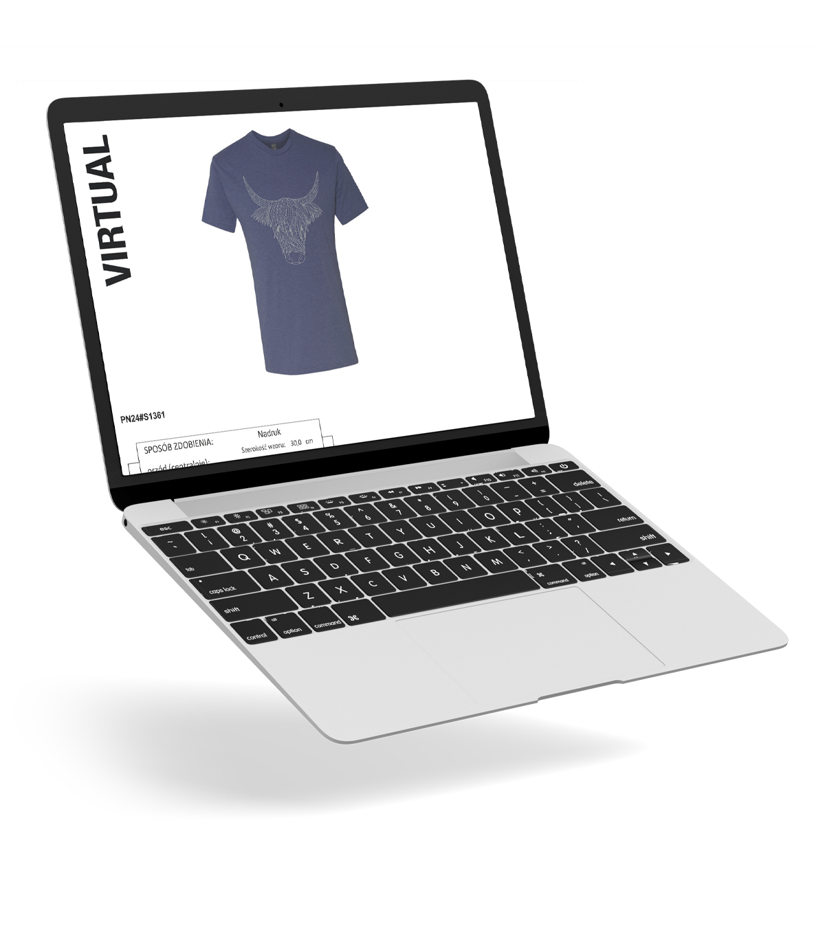 Laptop zeigt einen virtuellen Korrekturabzug eines T-Shirts auf der Lynka-Webseite.