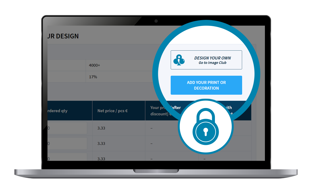 Laptop-Bildschirm mit der Schaltfläche „DESIGN YOUR OWN“ im Lynka, nur für eingeloggte Benutzer zugänglich.